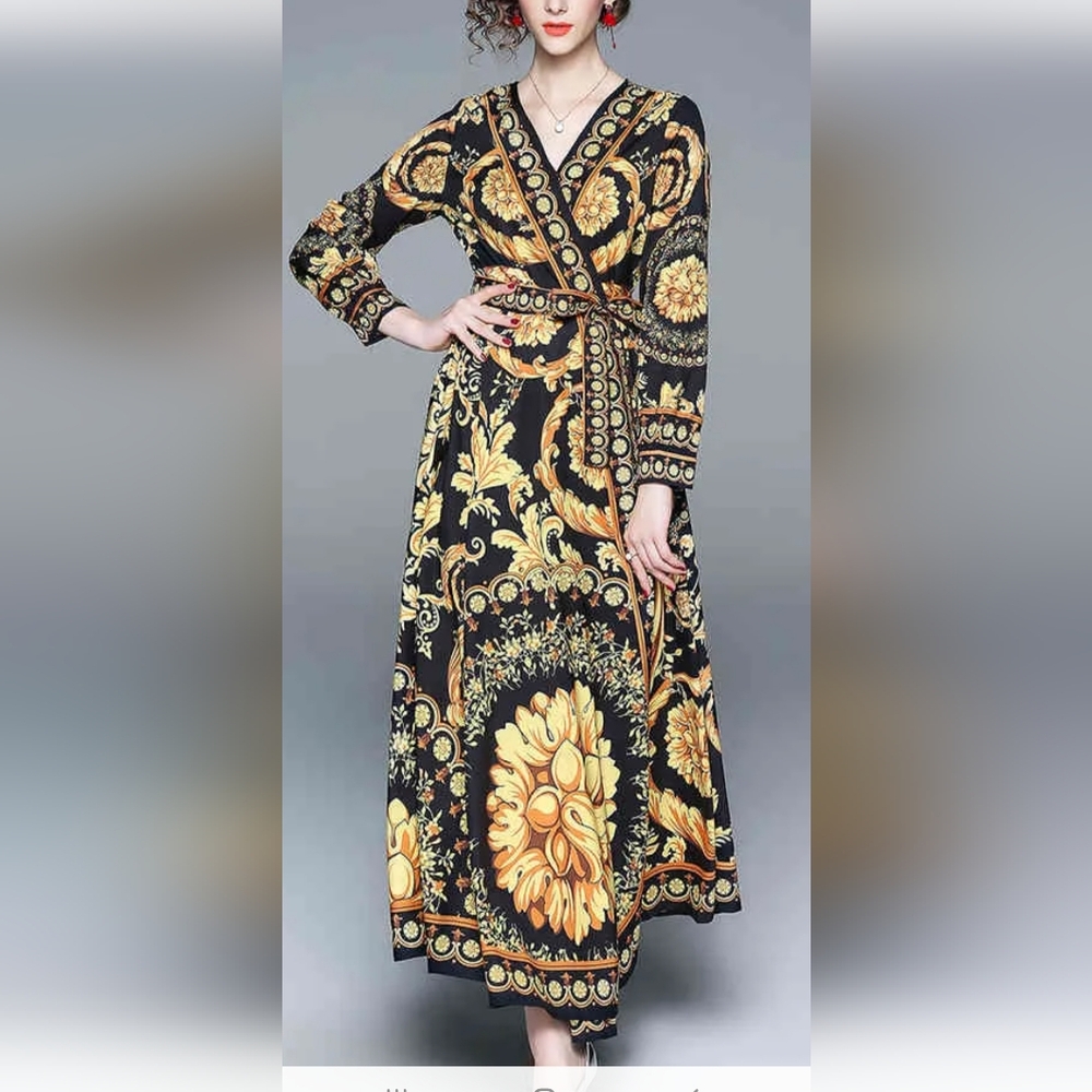 Baroque long wrap dress